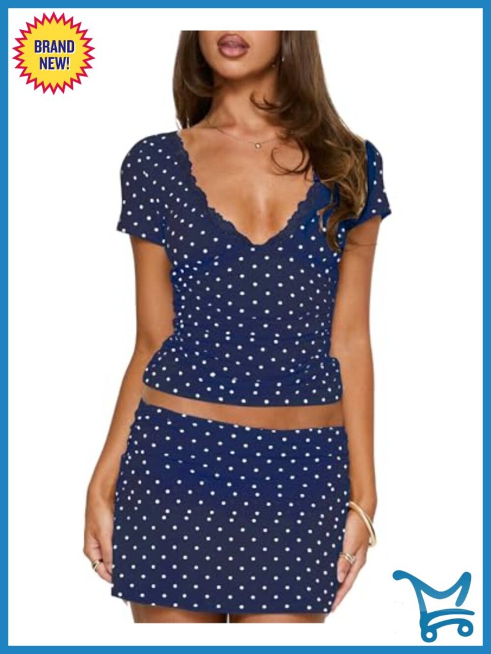 Polka Dot 2 Piece Skirt Set Lace V Neck Crop Top Mini Skort Summer